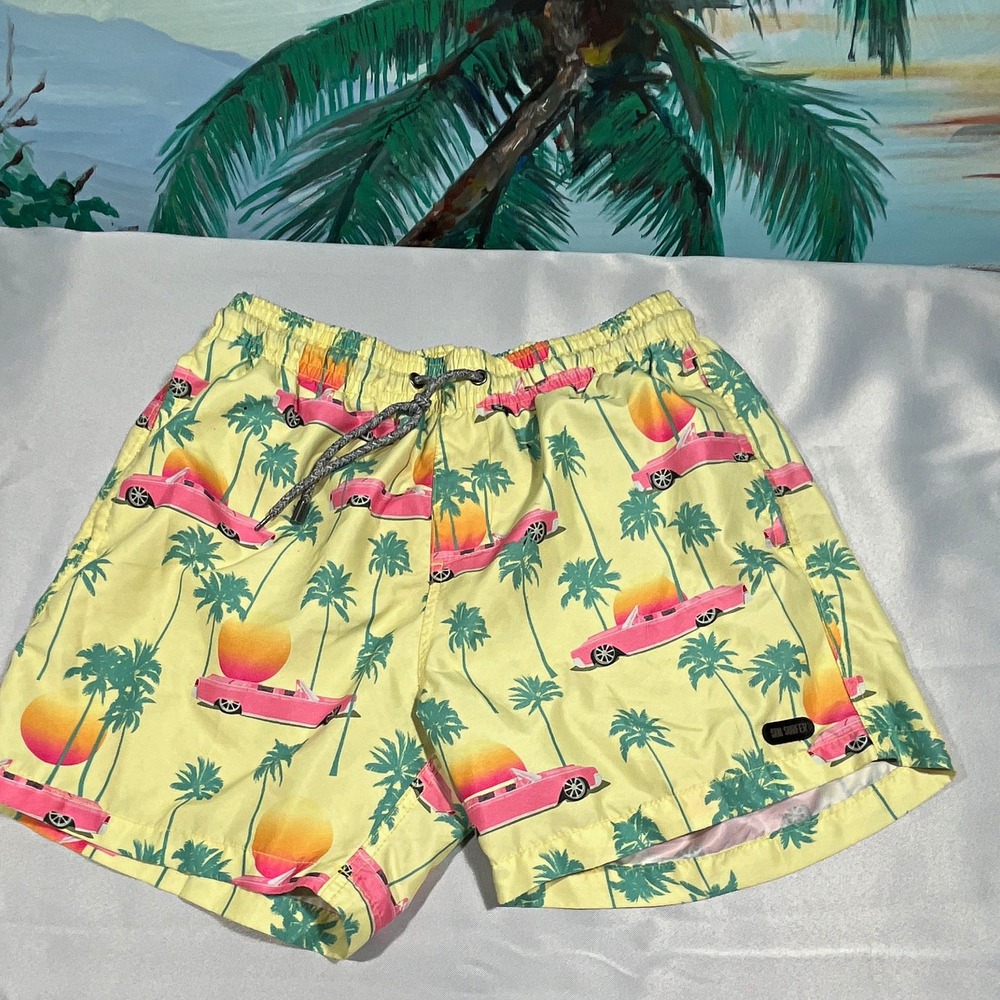 Sun Surfer Men's M Swim Shorts Pink Cadillic Yellow Tropical Drawstring Lined